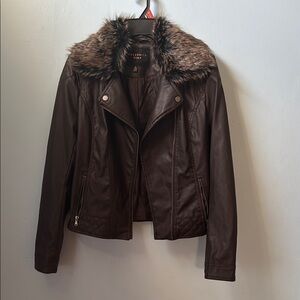Celebrity Pink Brown Leather Jacket with Faux Fur Collar